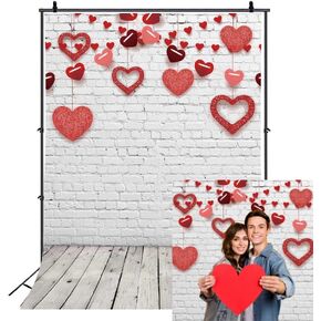 RUINI Valentine's Day Backdrop Bokeh Red Heart Rustic White Brick Wall with Gray Wooden Floor Love Theme Photo Backdrop 8x10FT