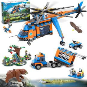 City Jungle Adventurer Helicopter Building Toys - 1356pcs Forest Truck Adventure Building with Car Crocodile Brown Bear Wildlife Rescue Block