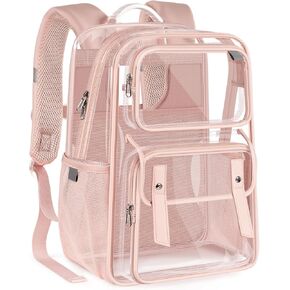 Clear Backpack Heavy Duty Large Transparent Backpacks PVC See Through Bookbag for College Work Travel - Pink