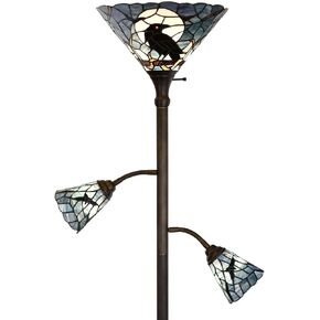 Bieye L10957 Raven يجلس على Bare Tree Branch مرة أخرى Full Moon Tiffany على غرار مصباح أرضي ملون Torchiere مع Sidelights لقراءة ديكور المنزل ، طوله 70 بوصة (الأزرق الداكن)