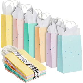 BLUE PANDA 36 Pack Small Polka Dot Rainbow Gift Bags with Handles and White Tissue Paper for Birthdays, 6 Pastel Colors (9 x 6 x 3 In) - Pastel Gift Bags - Tissue Pack
