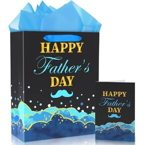 MDCGFOD 13" Father’s Day Gift Bag with Greeting Cards and Tissue Paper, Black Blue Gift Bags for Fathers, Men, Grandfathers, Dad, Happy Father’s Day Medium Bag