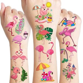 96 PCS Flamingo Pre-Cut Temporary Sticker Hawaiian Summer Tropical Luau Birthday Supplies Favors Gifts Girls Boys Baby Showers Prizes Cute Tattoo School Reward Themed
