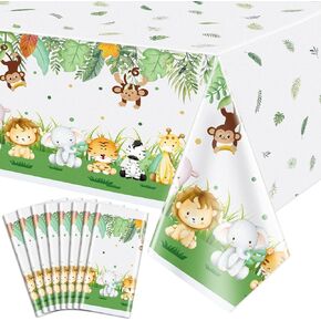 4 PCS JUNGLE SAFARI FIRCLOTHS ، Safari Baby Shower Table Cloths ، غطاء طاولة للطباعة الحيوان ، زخارف حفلة عيد ميلاد واحدة للأولاد ، 86'x 51 '' '