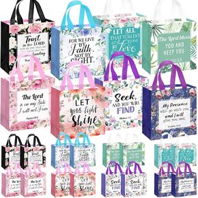 Riakrum 16 Pcs Christian Gift Bag with Handle, Bible Verse Gift Bags Bulk, Non Woven Reusable Flower Religious Baptism Tote for Mother Day teachers Wedding Birthday Present Wrapping
