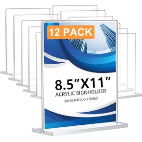 12 Pack Acrylic Sign Assion 8.5 × 11 ، حامل العلامة الواضحة على الوجهين يتقدمون بلاستيكيين للعرض ، T.
