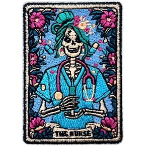 The Nurse Skeleton Tarot Card Embroidery Patches for Clothes Backpacks Hats Jeans Bags, Skeleton Size 3" Iron On Patch or Sew On Patches, Nurse Applique Embroidery Patches, Gift for Nurses