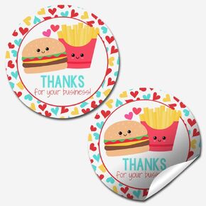 Burger & Fries thermed Thanks You Thanks Custom Presidents Labels للشركات الصغيرة ، ملصقات دائرة 60 1.5 بوصة بواسطة Amanda Creation ، مثالية للظهور والبطاقات البريدية والمزيد!