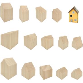 GeryVtee 14pcs Unfinished Wooden House Shaped Blocks Blank Wood Cutouts House Wooden Craft for Home Kitchen Office Shelf Coffee Bar Decor Blocks for Crafts