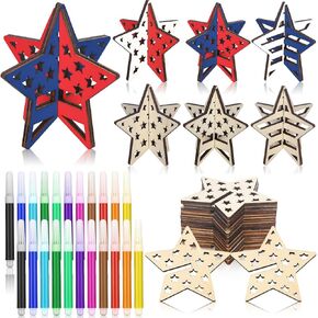 Chivertion 24 PCS 3D 4th of July Stars Wooden STORS DIY لطلاء يوم تذكاري يوم الذكرى الوطنية النجوم النجمة حلي شريحة مع 24 علامة ملونة للطفل استقلال الكبار يوم ديكور المنزل