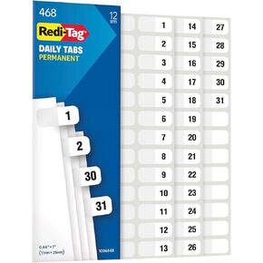 Redi-Tag Daily Adhesive Tabs, Preprinted Daily Tab, 12 Sets of 1-31 plus withBonus Blank Tabs, 7/17" x 1", Durable and Customizable Labels with Permanent Adhesive for Planners & Files, White (1006548)