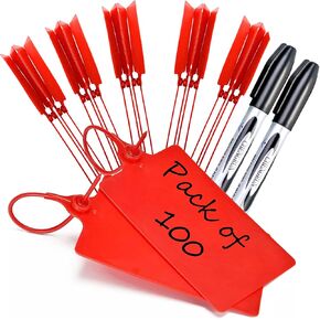 100 PCS Plastic Tags for Labeld - مقاومة للماء للعلامة الخارجية ، والشحن المثالي ، وعلامات التخزين ، والملابس ، وملصقات مربعات متحركة للتنظيم ، شنق الجودة القابل للكتابة (أحمر)