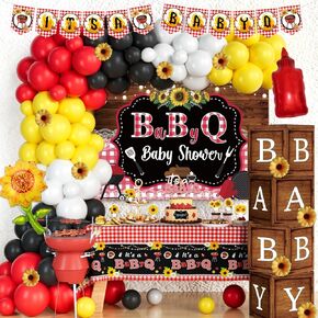 137 PCS BBQ Babq Shower Decorations ، Hombae It A Baby Q Baby Shower Decorations Backdrop Balloon Garland Banner tablecloth cake cupcake topper boxes cutout barbecue sauce sauce black black
