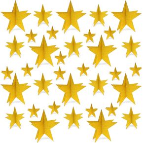 Gold Star Centerces - Decorations 3D Star Decorations في 3 أحجام - ليلة الفيلم ، ليلة الجوائز ، عيد الميلاد ، لوازم حفلة عيد الميلاد (مجموعة من 35)
