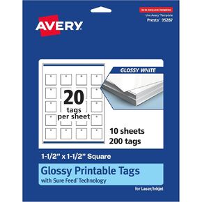 علامات مربعة قابلة للطباعة مع تقنية التغذية المؤكدة ، 1-1/2 "× 1-1/2" ، بطاقة أبيض لامعة ، طباعة إلى الحافة ، ليزر/حبر ، 200 ، إجمالي ، رائع لعلامات الهدايا المخصصة وعلامات العلامات التجارية