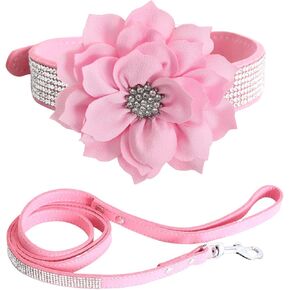 BRT Bearingshui Bling Rhinestone Leather Dog Collar and Leash Set, Soft Leather Sparkling Pink Dog Collar with Flower for Small Medium Female Dogs, M