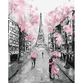 Cuorung DIY Paint by Numbers Kit for Adults - Pink Paris | Paint by Number Kit On Canvas for Beginners | Home Wall Decor | Pre-Printed Art-Quality Canvas 20" x 16", 3 Brushes, 24 Acrylic Paints