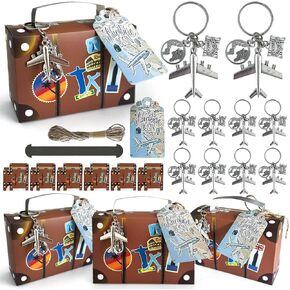 Aizhuang 50 Pcs Suitcase Favor Box Vintage Suitcase Party Favor Candy Boxes with Airplane Keychains, Kraft Tags and Burlap Twine for Travel Themed Party, Bridal Shower, Wedding Decorations