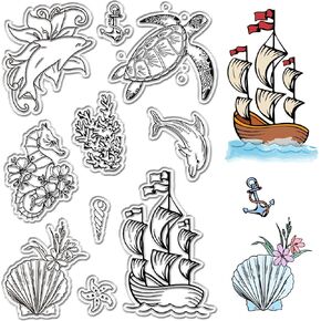 CRASPIRE SEA Animal Ocean Ocean Clear Stamps Seahorse Ship Dolphins Shells Starfish Coral Resulable Retro Postmark Silicone Stamp Seals for Journess Card
