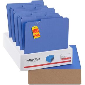 1 intheOffice Blue File Folder Size ، 1/3 CUT CUTREDED TAB ، مجلدات الملفات المعززة ، مجلد حجم الحروف 100/حزمة