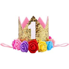 طفل الأميرة بريق الذهب التاج ، أول عيد ميلاد قبعة الذهب مع مزيج قوس قزح الزهور