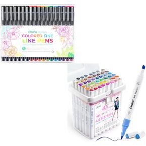 Ohuhu ملونة Fineliner أقلام وعلامات الكحول 48 ألوان غرامة وإزميل مجموعة النصائح المزدوجة