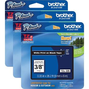 شريط Tze-325 Brother Genuine P-Touch ، 3/8 "(0.35") شريط طفيف عريض ، أبيض على أسود ، مغلفة للاستخدام الداخلي أو الخارجي ، مقاوم للماء ، 0.35 "× 26.2" (9 مم × 8M) ، حزمة واحدة ، TZE325