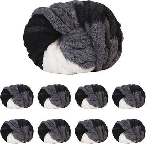 8 Pack Chunky Yarn for Crocheting,Tie Dye Fluffy Jumbo Chenille Soft Plush Yarn Bulky, Mixed Color Giant Thick Fuzzy for Hand Knitting or Arm Knitting,(Black,White,Gray) in Saudi Arabia