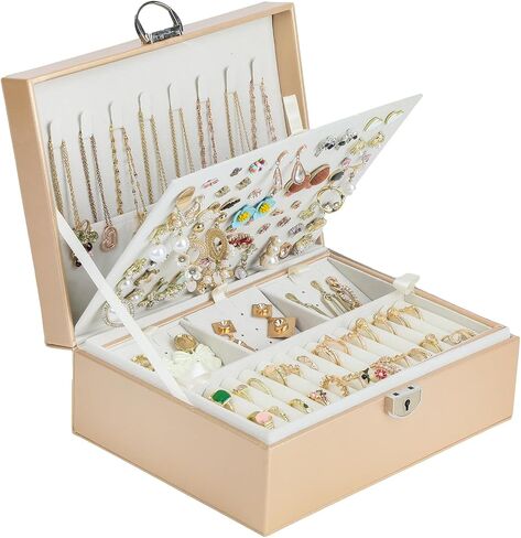 BOOVO Earring Jewelry Box For Women Girl Stud Organizer, 4 Layers Girl Jewelry Organizer Box With Lock Earring Holder Organizer Necklace Ring Jewelry Organizer Box For Girls (Rose Gold, 4 layer) in Saudi Arabia