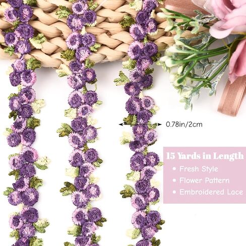 Rose Flower Purple Lace Trim, 15 Yards Violet Embroidery Applique for Wedding Dress Floral Lace Trim for Sewing DIY Crafts for Home Decor, 0.7in in Saudi Arabia