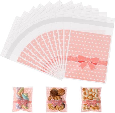 200Pcs Self Adhesive Candy Cookie Bags Pink&Blue Polka Dots with Bow Decor Self Sealing Cellophane Bags for Packaging Bakery Biscuit Chocolate Dessert Wedding Birthday Party Favor, 3.7"x3.1" in Kuwait