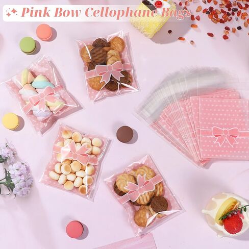 200Pcs Self Adhesive Candy Cookie Bags Pink&Blue Polka Dots with Bow Decor Self Sealing Cellophane Bags for Packaging Bakery Biscuit Chocolate Dessert Wedding Birthday Party Favor, 3.7"x3.1" in Kuwait