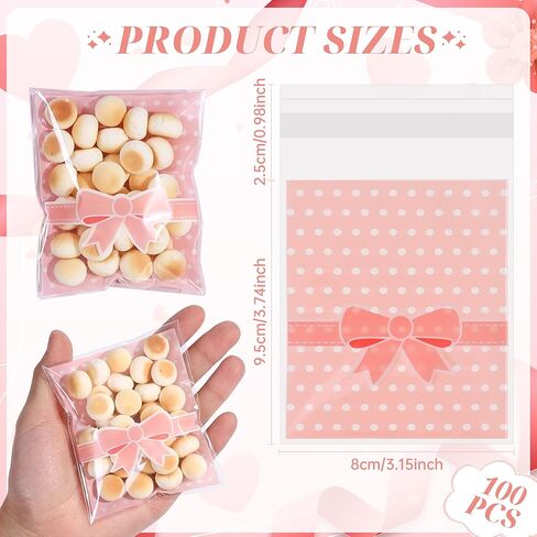 200Pcs Self Adhesive Candy Cookie Bags Pink&Blue Polka Dots with Bow Decor Self Sealing Cellophane Bags for Packaging Bakery Biscuit Chocolate Dessert Wedding Birthday Party Favor, 3.7"x3.1" in Kuwait