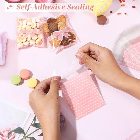 200Pcs Self Adhesive Candy Cookie Bags Pink&Blue Polka Dots with Bow Decor Self Sealing Cellophane Bags for Packaging Bakery Biscuit Chocolate Dessert Wedding Birthday Party Favor, 3.7"x3.1" in Kuwait