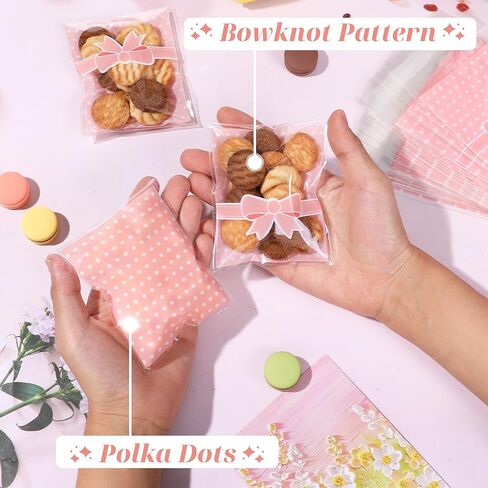 200Pcs Self Adhesive Candy Cookie Bags Pink&Blue Polka Dots with Bow Decor Self Sealing Cellophane Bags for Packaging Bakery Biscuit Chocolate Dessert Wedding Birthday Party Favor, 3.7"x3.1" in Kuwait