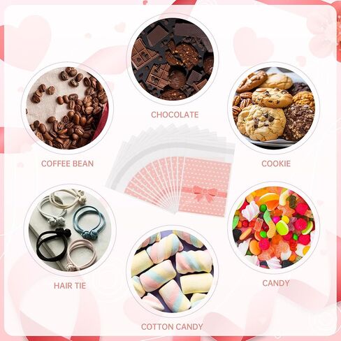 200Pcs Self Adhesive Candy Cookie Bags Pink&Blue Polka Dots with Bow Decor Self Sealing Cellophane Bags for Packaging Bakery Biscuit Chocolate Dessert Wedding Birthday Party Favor, 3.7"x3.1" in Kuwait