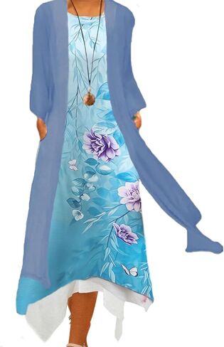 Honwenle Women's Linen Dress 2 Piece Outfit Floral Sleeveless Loose Maxi Summer Dresses with Jacket Formal Casual in Saudi Arabia