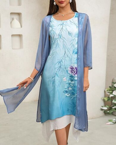 Honwenle Women's Linen Dress 2 Piece Outfit Floral Sleeveless Loose Maxi Summer Dresses with Jacket Formal Casual in Saudi Arabia