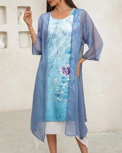 Honwenle Women's Linen Dress 2 Piece Outfit Floral Sleeveless Loose Maxi Summer Dresses with Jacket Formal Casual in Saudi Arabia
