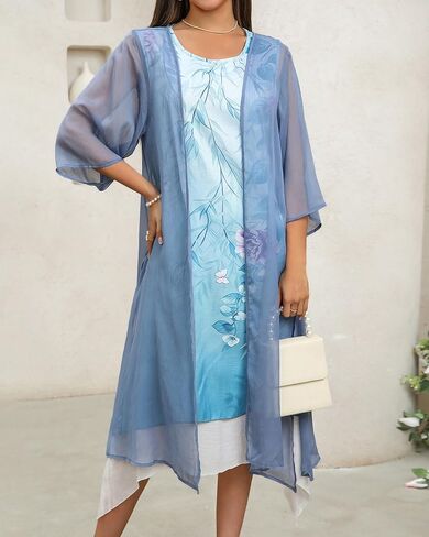 Honwenle Women's Linen Dress 2 Piece Outfit Floral Sleeveless Loose Maxi Summer Dresses with Jacket Formal Casual in Saudi Arabia