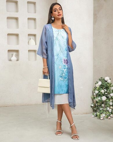 Honwenle Women's Linen Dress 2 Piece Outfit Floral Sleeveless Loose Maxi Summer Dresses with Jacket Formal Casual in Saudi Arabia