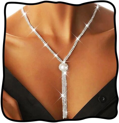 Nicute Rhinestone Y-Necklaces Crystal Long Choker Chain with Pearl Party Choker Necklaces Jewelry for Women and Girls in Kuwait