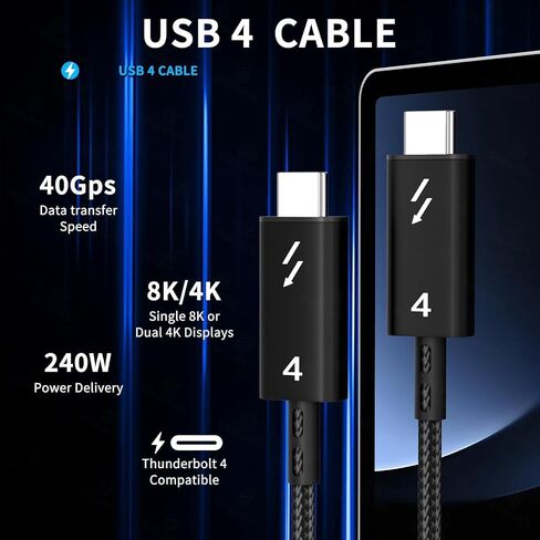 USB4 Cable 240W Fast Charge Cable 40Gbps Data Transfer 8k60Hz Video Display 240W Fast Charge Cord for MacBook,iPad,iPhone15,Dock,Hub,SSD(1.5M/4.92FT) in Kuwait