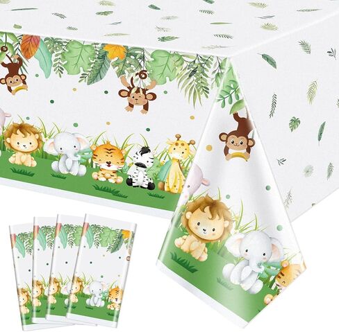 4 Pcs Jungle Safari Tablecloths, Safari Baby Shower Table Cloths Decorations, Animal Print Table Cover, Wild One Birthday Party Decorations for Boys Kids, 86''x 51'' in Saudi Arabia