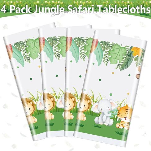 4 Pcs Jungle Safari Tablecloths, Safari Baby Shower Table Cloths Decorations, Animal Print Table Cover, Wild One Birthday Party Decorations for Boys Kids, 86''x 51'' in Saudi Arabia