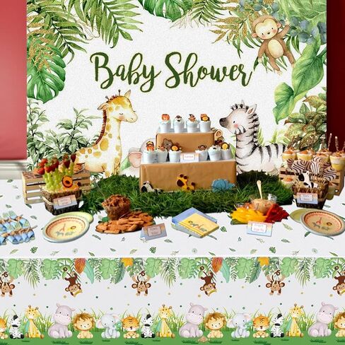 4 Pcs Jungle Safari Tablecloths, Safari Baby Shower Table Cloths Decorations, Animal Print Table Cover, Wild One Birthday Party Decorations for Boys Kids, 86''x 51'' in Saudi Arabia
