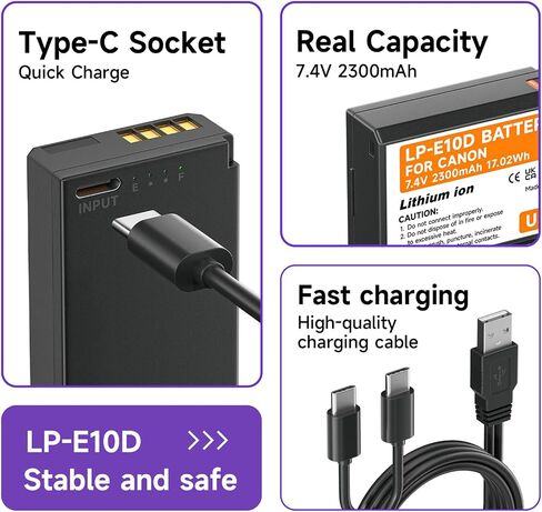 LP-E10 Battery USB Direct Charging for Canon EOS Rebel T3, T5, T6, T7, Kiss X50, Kiss X70, EOS 1100D, EOS 1200D, EOS 1300D, EOS 2000D Digital Camera in Saudi Arabia