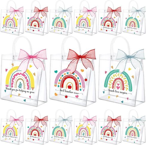 SilTriangle 30 Pcs Teacher Appreciation Gift Bags with Handles 7.8 x 7.8 x 3.1'' Clear Teacher Gifts Bag with Red Bow Ribbon Reusable Plastic Gift Bags for Graduation Teacher Day Supplies(Classic) in Saudi Arabia
