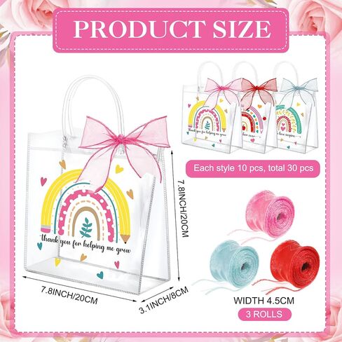 SilTriangle 30 Pcs Teacher Appreciation Gift Bags with Handles 7.8 x 7.8 x 3.1'' Clear Teacher Gifts Bag with Red Bow Ribbon Reusable Plastic Gift Bags for Graduation Teacher Day Supplies(Classic) in Saudi Arabia