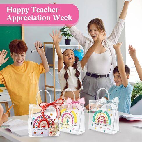 SilTriangle 30 Pcs Teacher Appreciation Gift Bags with Handles 7.8 x 7.8 x 3.1'' Clear Teacher Gifts Bag with Red Bow Ribbon Reusable Plastic Gift Bags for Graduation Teacher Day Supplies(Classic) in Saudi Arabia